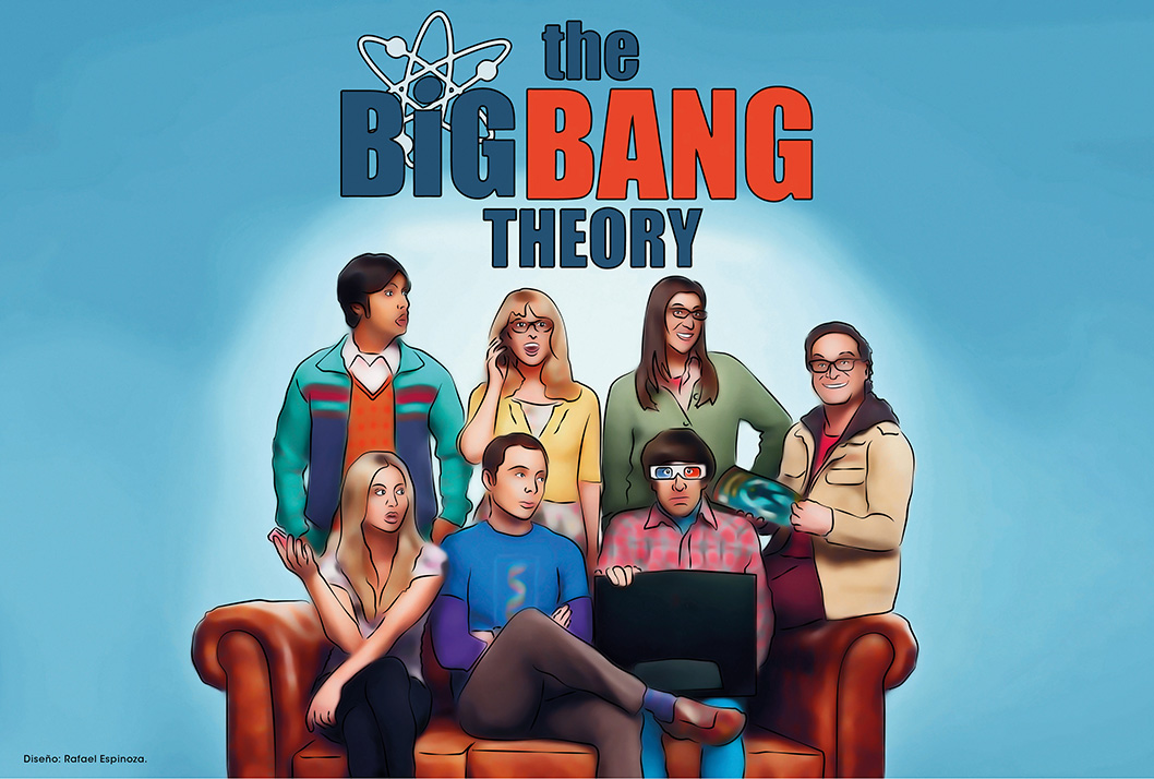 Imagen caricaturizada de los siete personajes de la comedia The Big Bang Theory alrededor de un …