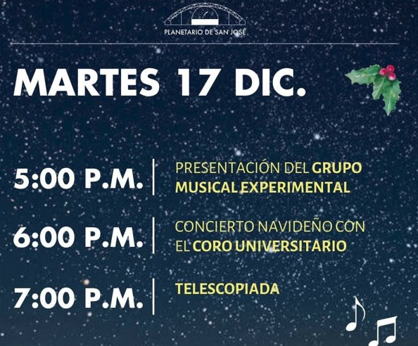  5:00 p. m. Presentación del grupo musical experimental 6:00 p. m. Concierto navideño con el coro …